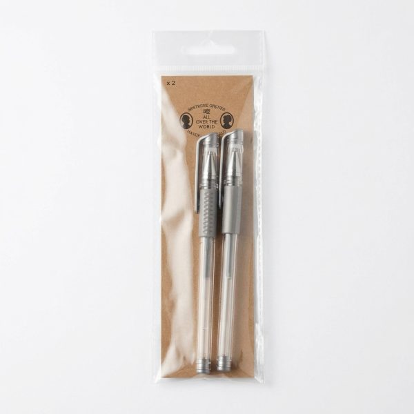 Pack de 2 bolígrafos grises junto a su packaging y material de papelería