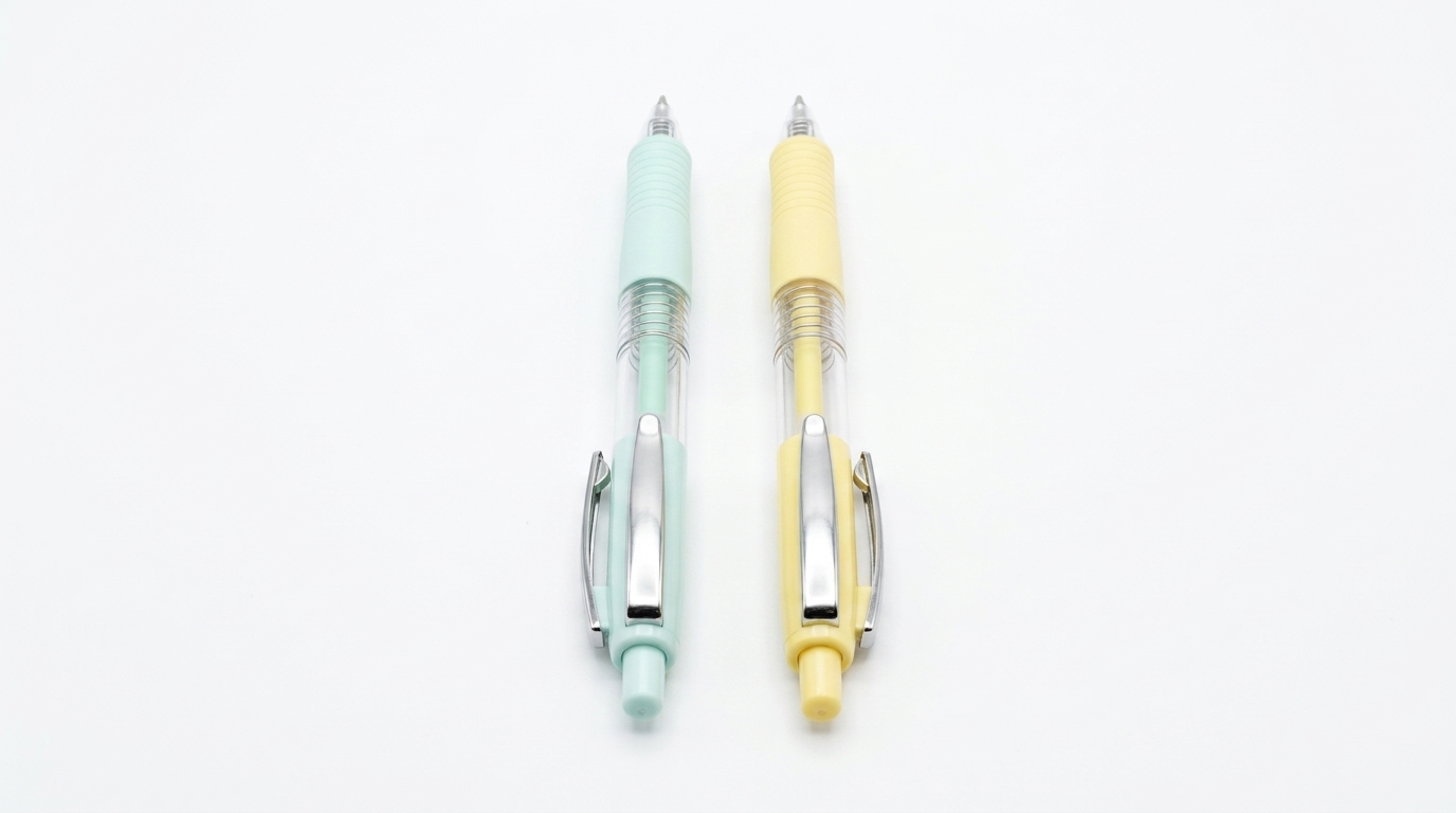 Dos bolígrafos pastel verde menta y amarillo sobre fondo blanco