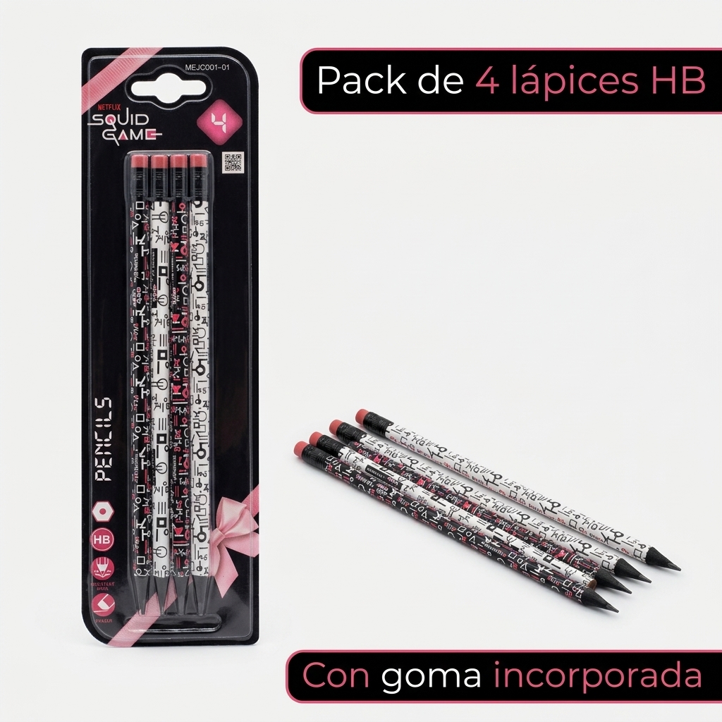 Pack de 4 lápices HB con goma incorporada diseño negro blanco y rosa