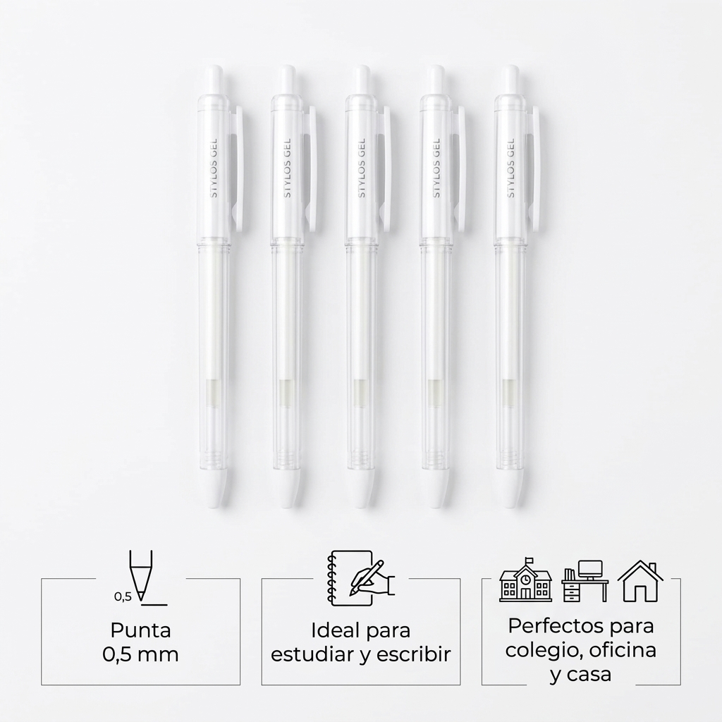Pack de 5 bolígrafos de gel negro de 0,5 mm sobre fondo blanco