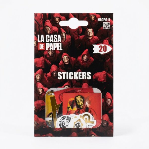 Envase del pack de 20 pegatinas La Casa de Papel