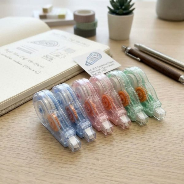 Los seis correctores de cinta pastel colocados sobre un escritorio