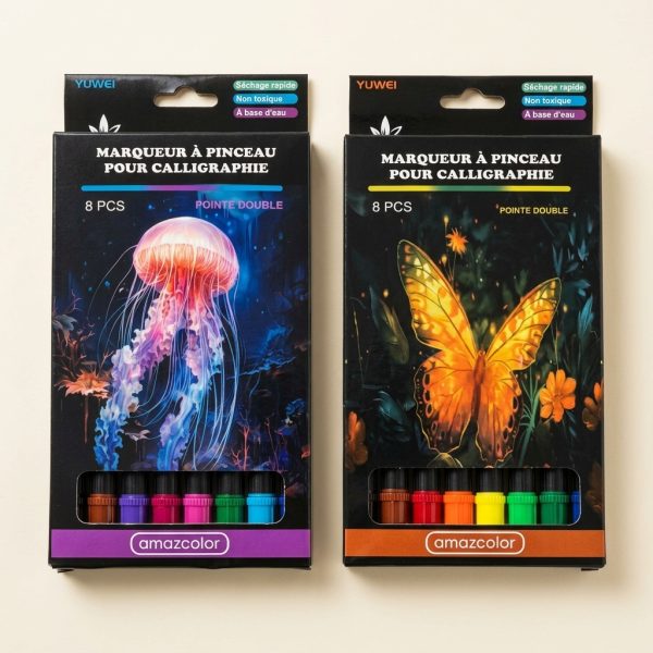 Cajas de rotuladores YUWEI Amazcolor juntas: modelo Medusa a la izquierda y Mariposa a la derecha, cada pack contiene ocho rotuladores.