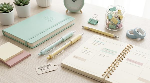 Escritorio con bolígrafos pastel verde menta y amarillo, agenda y material de papelería