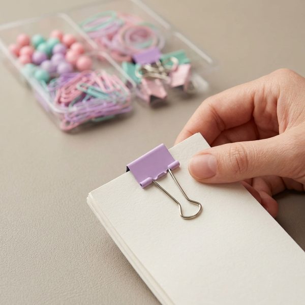 Mano sosteniendo documentos sujetos con una pinza lila, con el set de escritorio al fondo