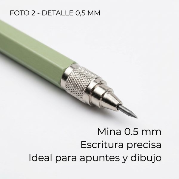 Portaminas 0,5 mm verde - detalle punta Detalle de la punta metálica y mina de 0,5 mm del portaminas verde