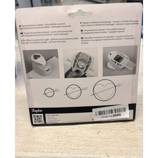 Reverso del embalaje Rayher con instrucciones y medidas de 1,6, 2,54 y 3,81 cm