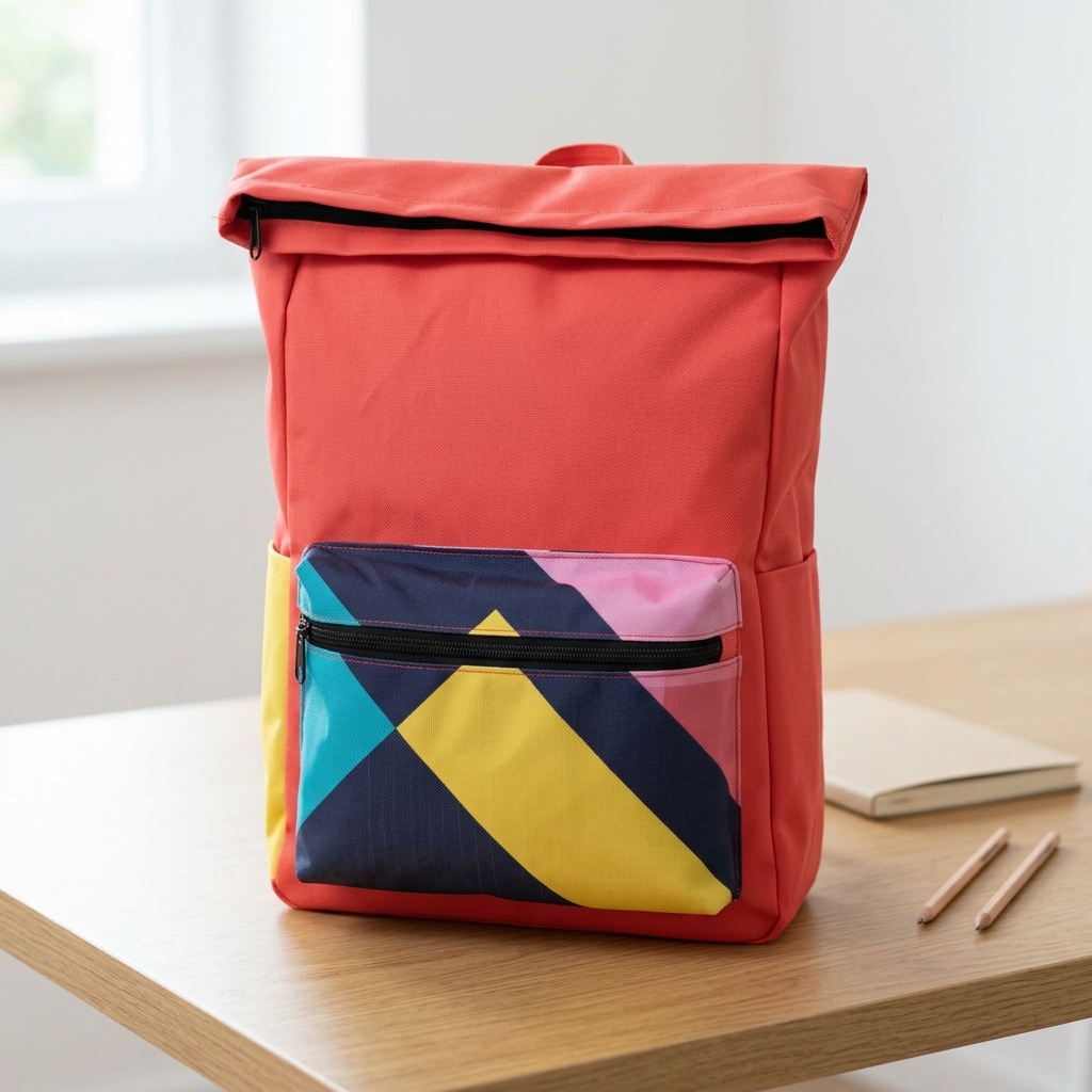 Mochila escolar roll top roja con bolsillo frontal multicolor