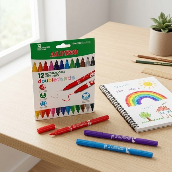 Caja y rotuladores Alpino Double junto a un cuaderno