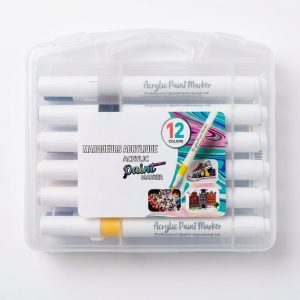 Estuche transparente con 12 rotuladores de pintura acrílica de colores