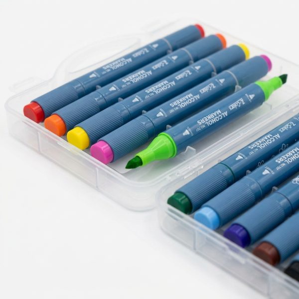 Detalle de los rotuladores de alcohol Z-Colors azules en el estuche