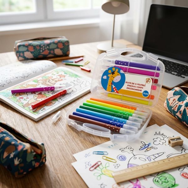 Set de rotuladores de colores con caja abierta en escritorio creativo infantil