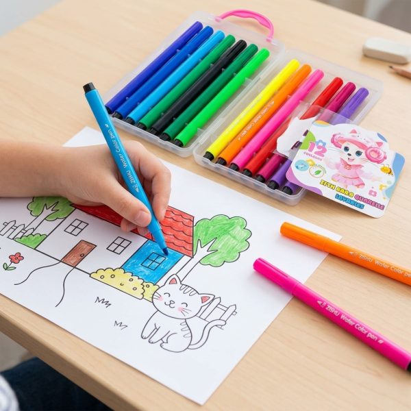 Niño coloreando con rotuladores lavables de colores y estuche abierto