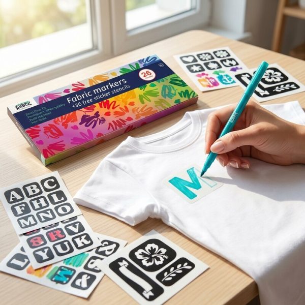 Persona dibujando una letra sobre una camiseta con un rotulador textil