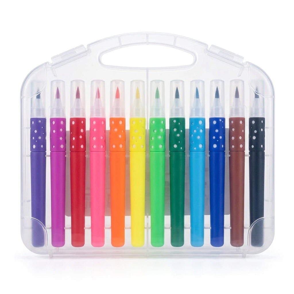 Set de 12 rotuladores de colores en caja transparente con asa
