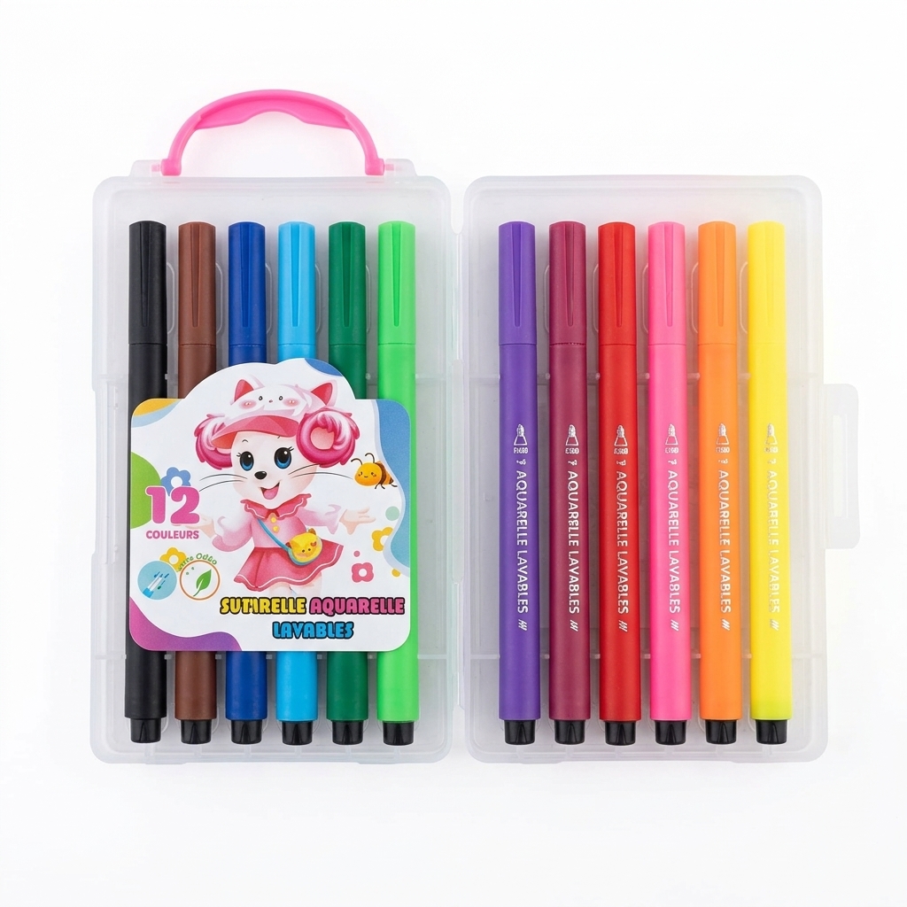 Set de 12 rotuladores lavables de colores en estuche transparente con asa rosa