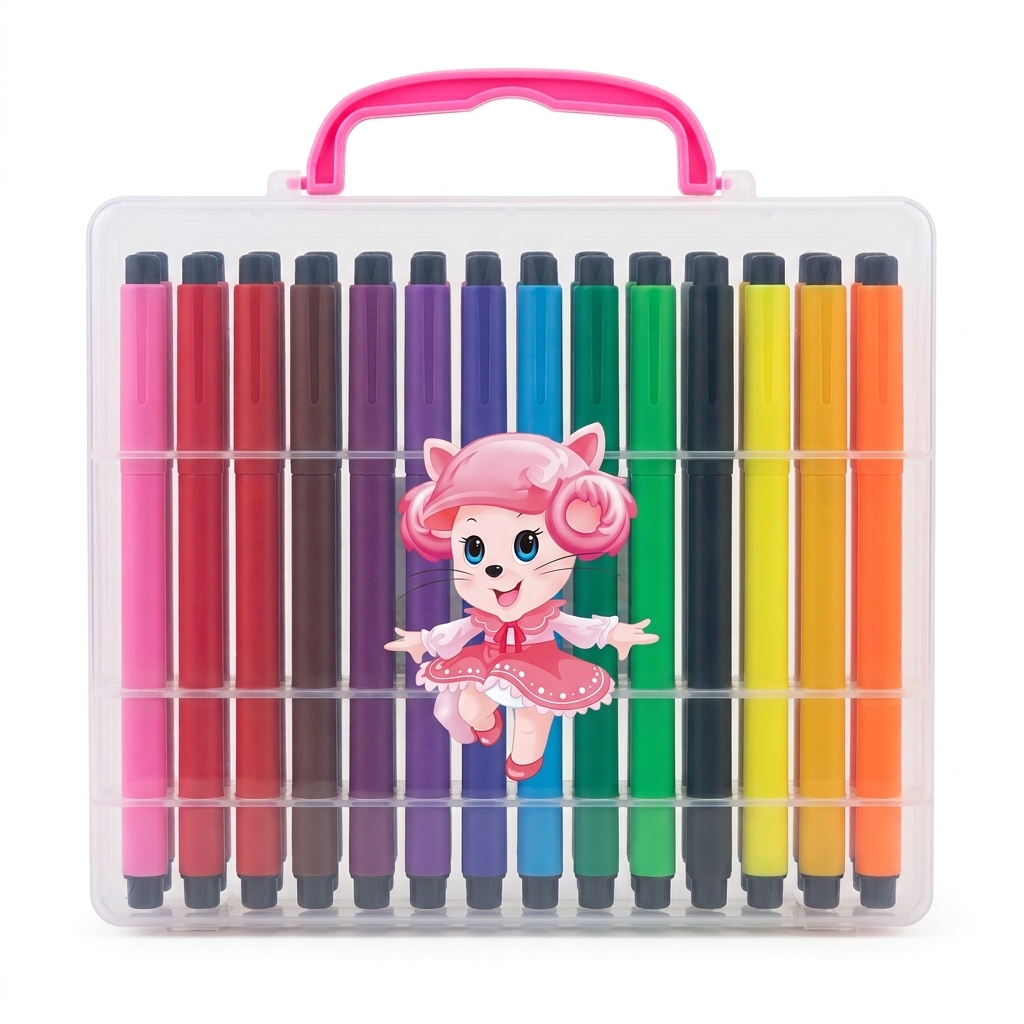 Set de 24 rotuladores acuarelables de colores en estuche transparente con asa rosa