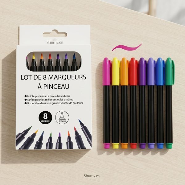 Set 8 rotuladores punta pincel - set y caja Set de 8 rotuladores de punta pincel de colores: rotuladores y caja