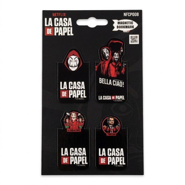 Set de cuatro marcapáginas magnéticos La Casa de Papel sobre su soporte original.