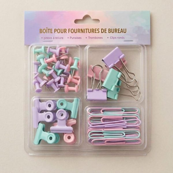 Set de accesorios de oficina pastel Set de clips, pinzas y chinchetas en rosa, lila y verde menta, en envase transparente de cuatro compartimentos