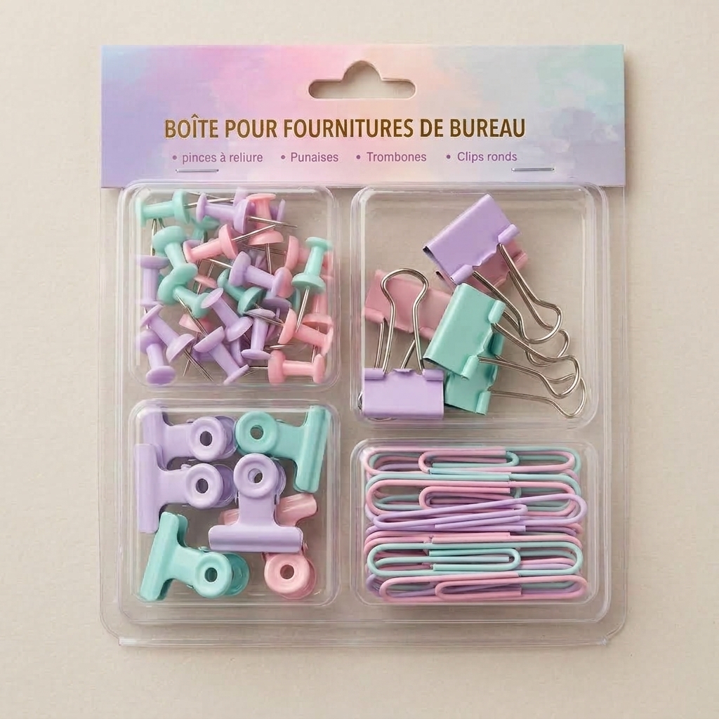 Set de clips, pinzas y chinchetas en rosa, lila y verde menta, en envase transparente de cuatro compartimentos