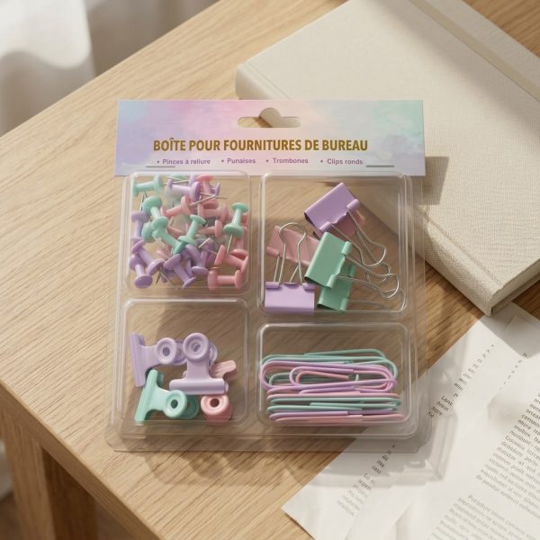 Set de accesorios pastel sobre escritorio Set de accesorios de oficina pastel sobre una mesa de madera junto a un cuaderno