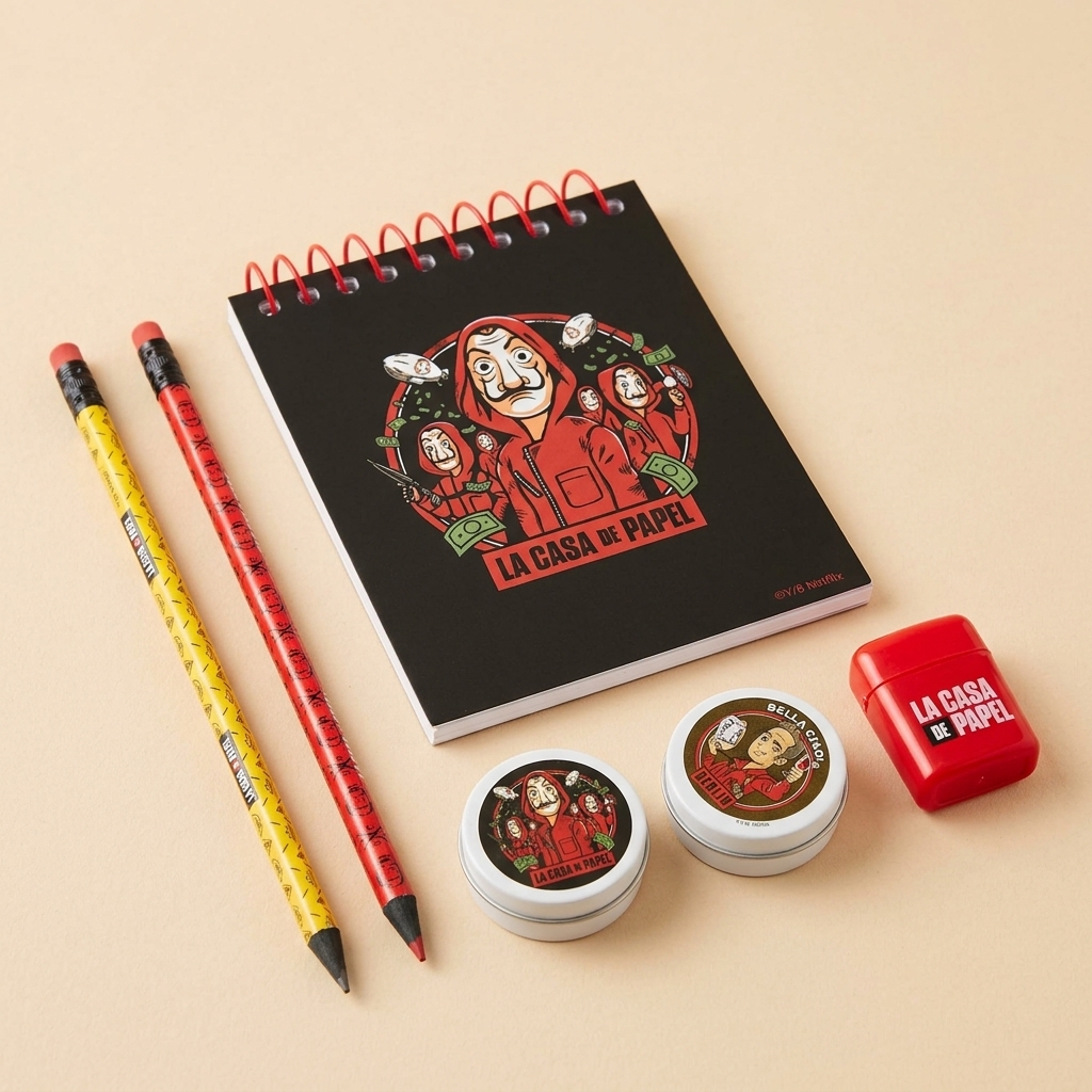 Set de escritura La Casa de Papel de 6 piezas — conjunto completo Set de escritura La Casa de Papel de 6 piezas — conjunto completo
