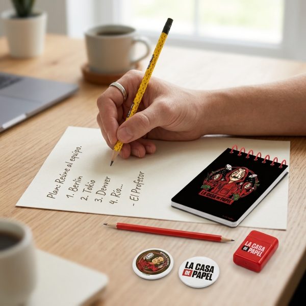 Set de escritura La Casa de Papel — lápiz en uso