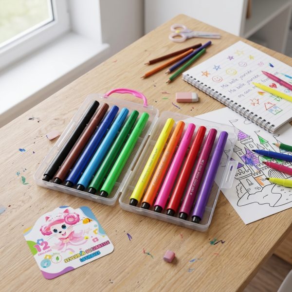 Estuche abierto con rotuladores lavables de colores sobre escritorio creativo infantil