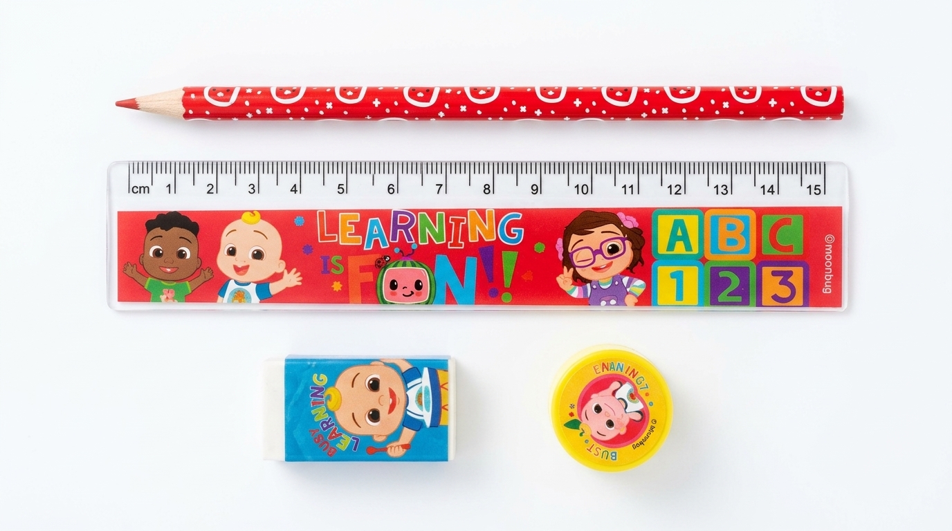 Set escolar 4 piezas Cocomelon Set escolar infantil de 4 piezas con lápiz regla goma y sacapuntas