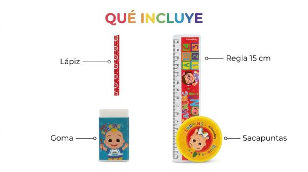 Set escolar 4 piezas - contenido Set escolar infantil con lápiz, regla de 15 cm, goma y sacapuntas