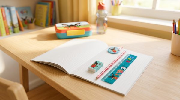 Set escolar infantil en uso Set escolar infantil de 4 piezas sobre cuaderno