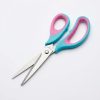 Tijeras de acero inoxidable con mango azul turquesa y rosa sobre fondo blanco