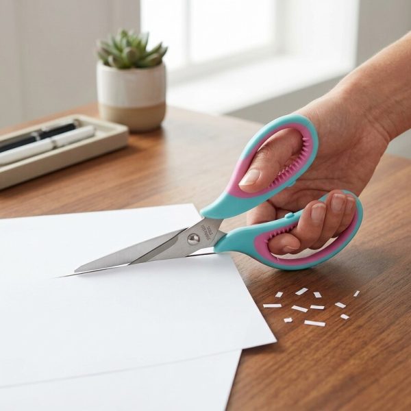 Mano utilizando las tijeras azul turquesa y rosa para cortar papel