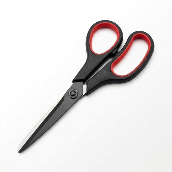 Tijeras de acero inoxidable con mango negro y rojo sobre fondo blanco