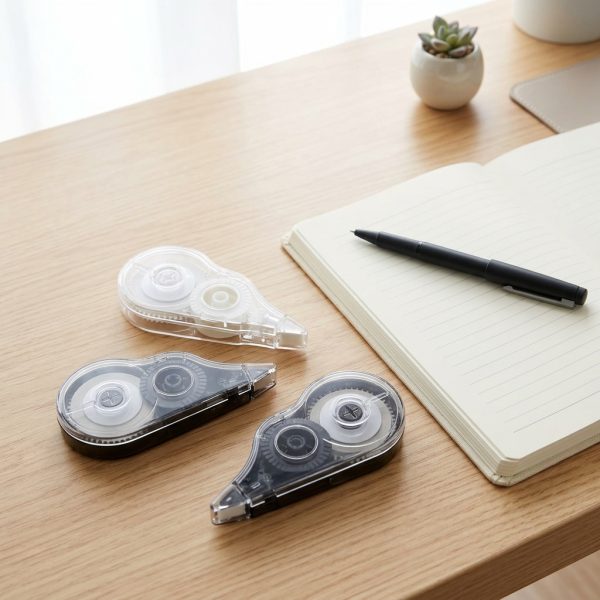 Tres correctores de cinta sobre un escritorio