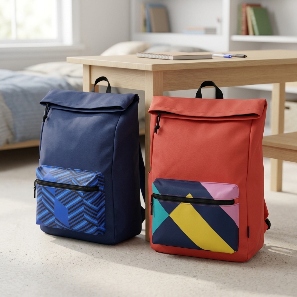 Mochilas escolares roll top roja y azul con bolsillo frontal