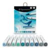 Estuche azul de Aquamarkers con ballenas y sus diez rotuladores alineados.