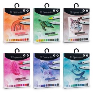 Seis estuches de 10 rotuladores Aquamarkers: naranja, verde, marrón, rosa, lila y azul. Se vende un estuche de la gama elegida.