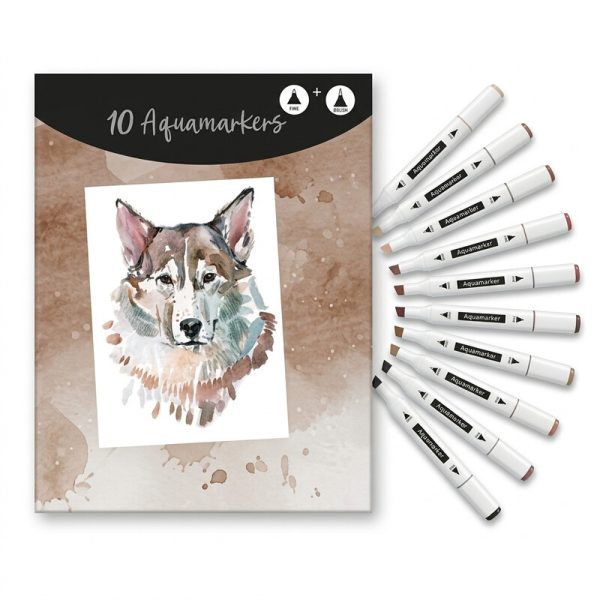 Estuche Aquamarkers con ilustración de lobo y diez rotuladores en tonos neutros.
