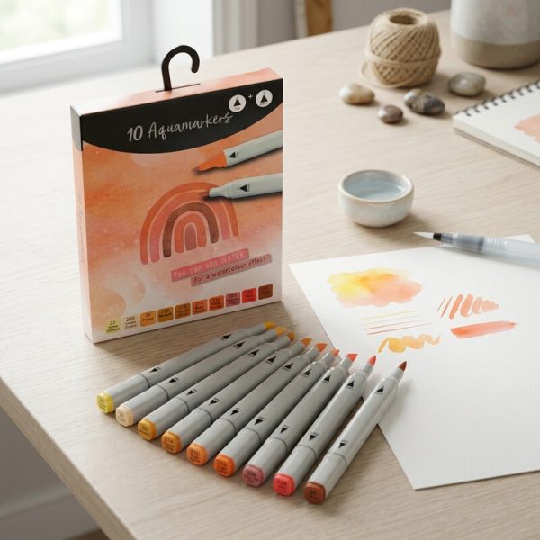 Estuche Aquamarkers naranja con arcoíris, rotuladores en tonos cálidos y papel sobre un escritorio.