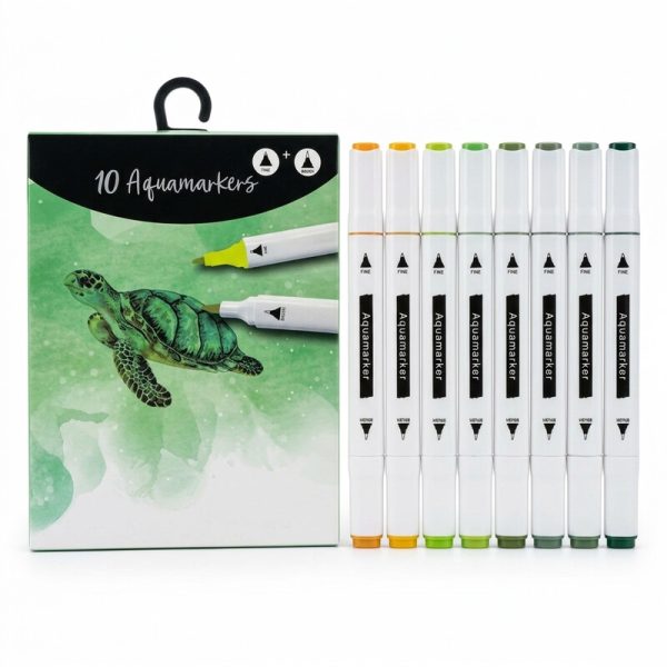 Estuche verde de Aquamarkers con ilustración de tortuga junto a rotuladores sobre fondo blanco.