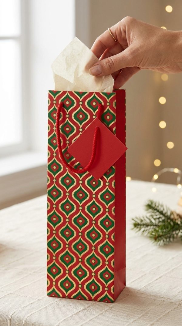 Bolsa roja y verde con papel de seda en una mesa festiva