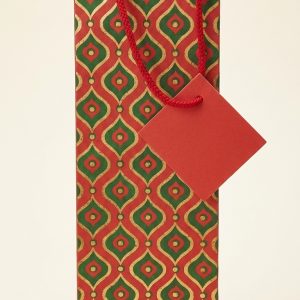 Bolsa de regalo para botella roja y verde con estampado geométrico dorado