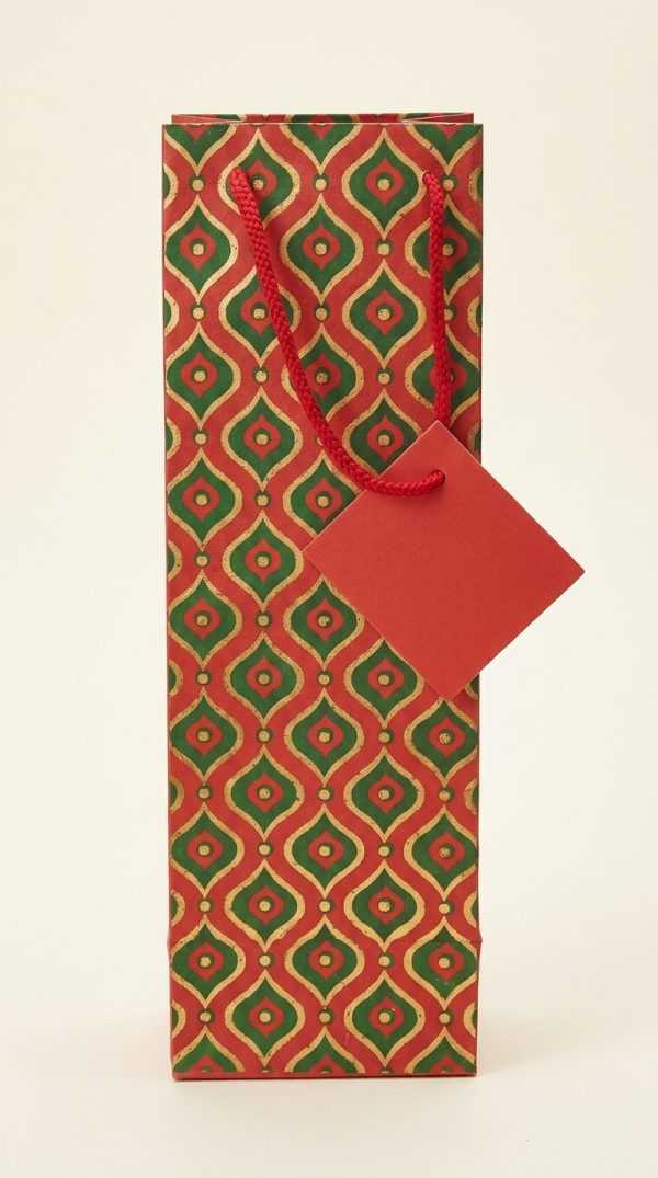 Bolsa de regalo para botella roja y verde con estampado geométrico dorado