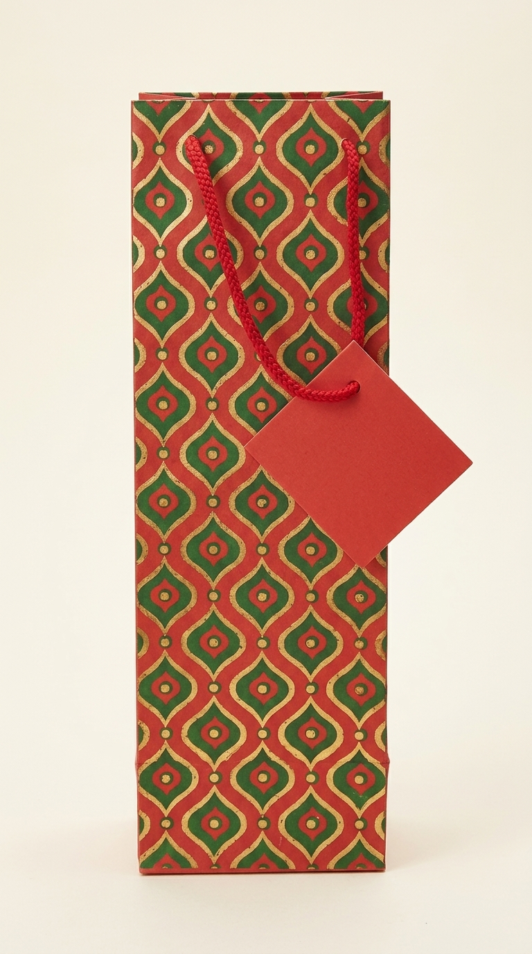 Bolsa de regalo para botella roja y verde con estampado geométrico dorado