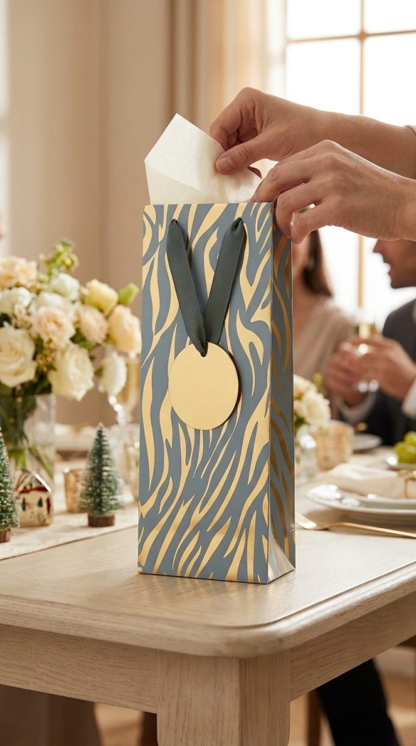 Bolsa gris y dorada con papel de seda en una celebración