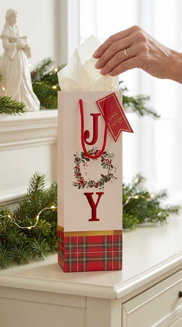 Bolsa de regalo JOY con papel de seda en una escena navideña