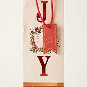 Bolsa de regalo navideña para botella JOY con asas rojas y base de cuadros