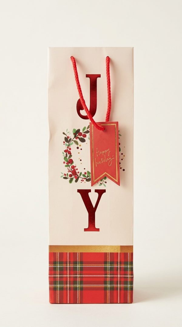 Bolsa de regalo navideña para botella JOY con asas rojas y base de cuadros